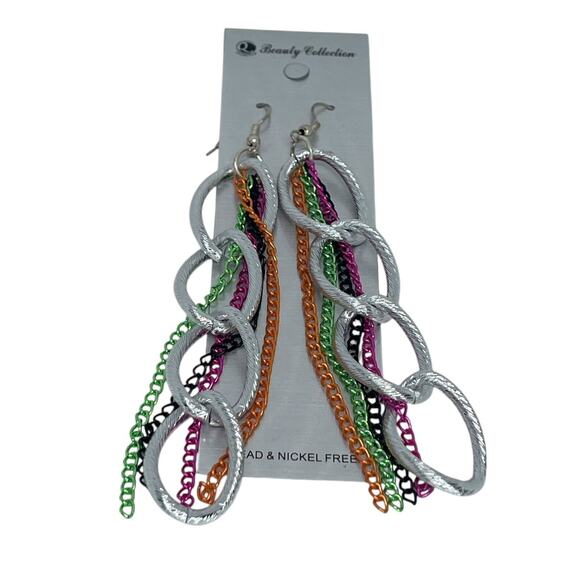 Silver Tone Earrings Chain Drop Style Fashion Trendy Stunning Statement Chic - Picture 8 of 8